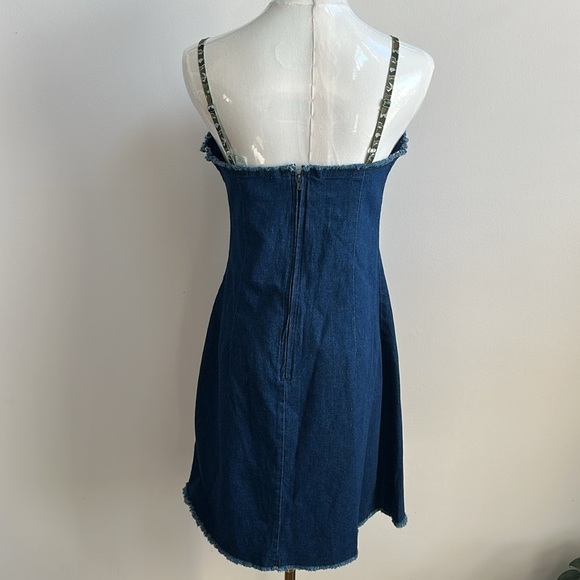 VTG 90's Women's Denim Camo Strap Mini Dress Raw Edge Casual Grunge Streetwear S - Picture 4 of 9